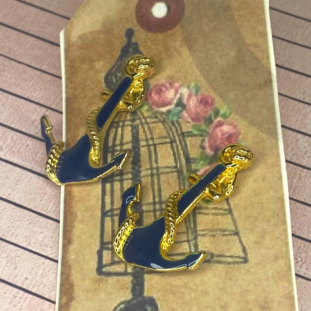 Vintage--Anchor--Post--Pierced-Earrings--1 1/4"--Navy/Goldtone